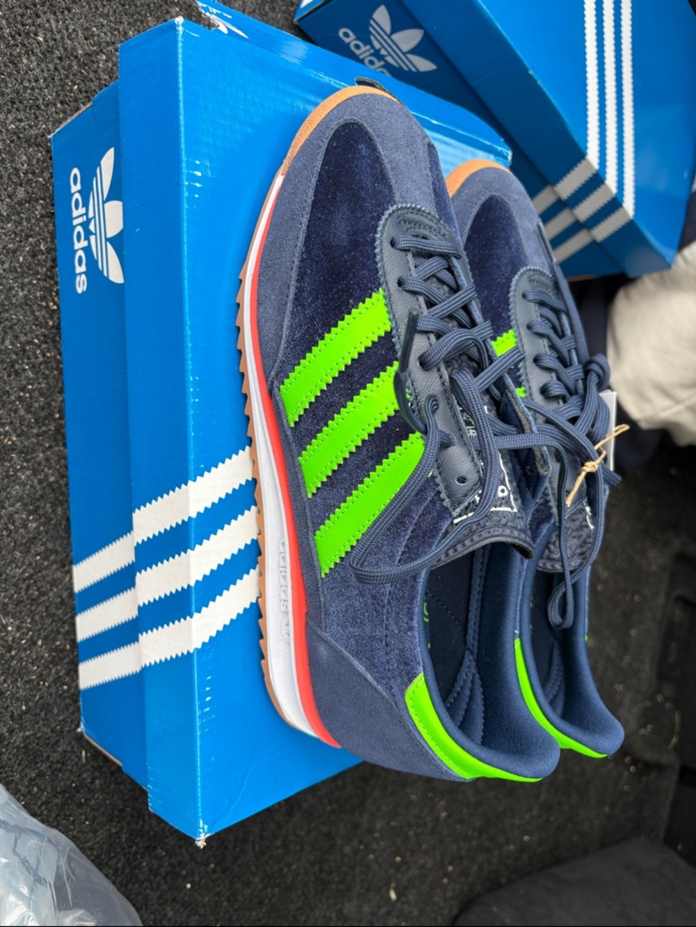 adidas Navy Suede Sneakers with Neon Green Stripes